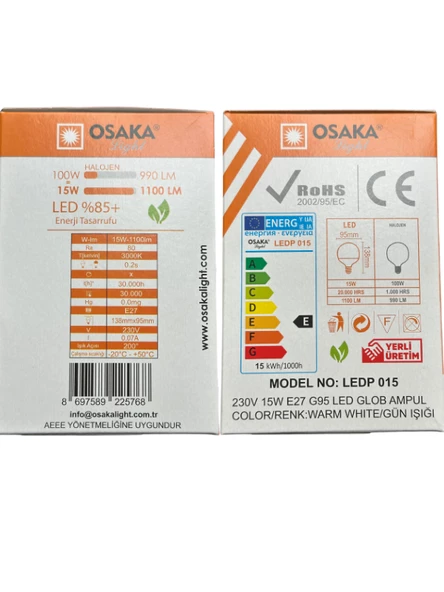 Osaka 15W (100W) 3000K (Günışığı) E27 Duylu G95 Led Glop Ampul (8 Adet) - Resim 4