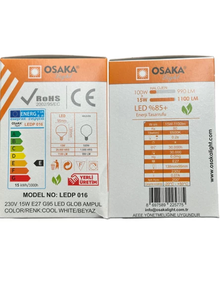 Osaka 15W (100W) 6500K (Beyaz Işık) E27 Duylu G95 Led Glop Ampul - 3