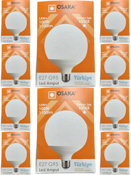 Osaka 15W (100W) 6500K (Beyaz Işık) E27 Duylu G95 Led Glop Ampul (10 Adet)