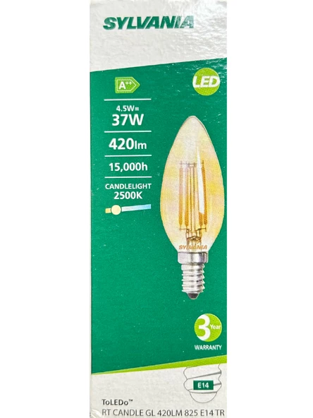 Sylvania 4,5W (37W) 2500K (Sarı Işık) E14 Duylu Eski Tip Görünümlü Led Ampul (10 Adet) - Resim 2