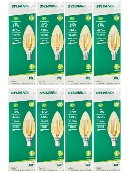 Sylvania 4,5W (37W) 2500K (Sarı Işık) E14 Duylu Eski Tip Görünümlü Led Ampul (8 Adet)