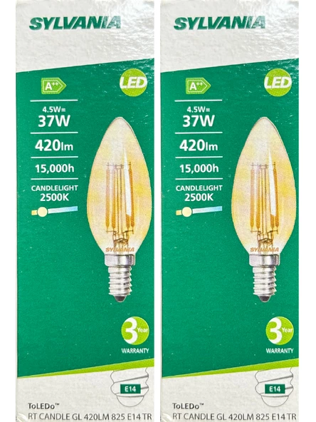 Sylvania 4,5W (37W) 2500K (Sarı Işık) E14 Duylu Eski Tip Görünümlü Led Ampul (2 Adet)