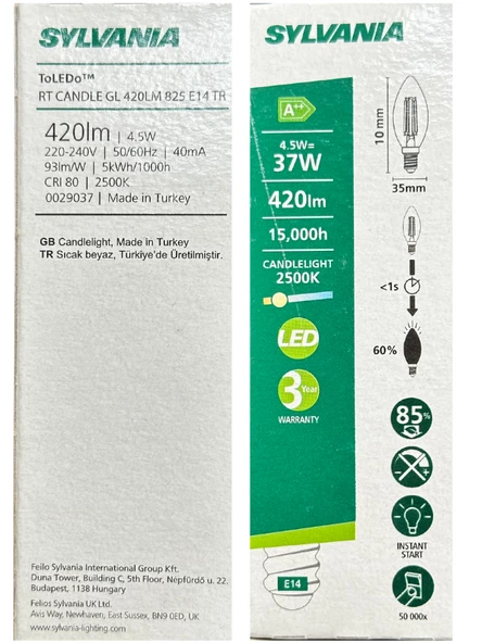 Sylvania 4,5W (37W) 2500K (Sarı Işık) E14 Duylu Eski Tip Görünümlü Led Ampul (8 Adet) - 4