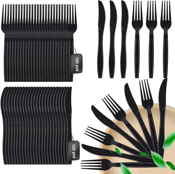 Plastik Siyah Çatal Bıçak Seti Takımı- 50 Ad. Çatal + 50 Adet Bıçak - 18 Cm. ürün görseli 1