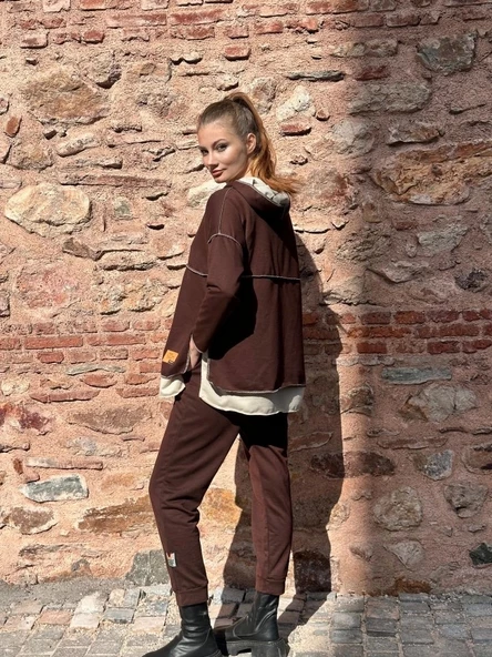 Kadın Kahve Kapşonlu Etek Ucu Detay Arma Ters Dikiş Gorunumlu Ikili Takım - Resim 3