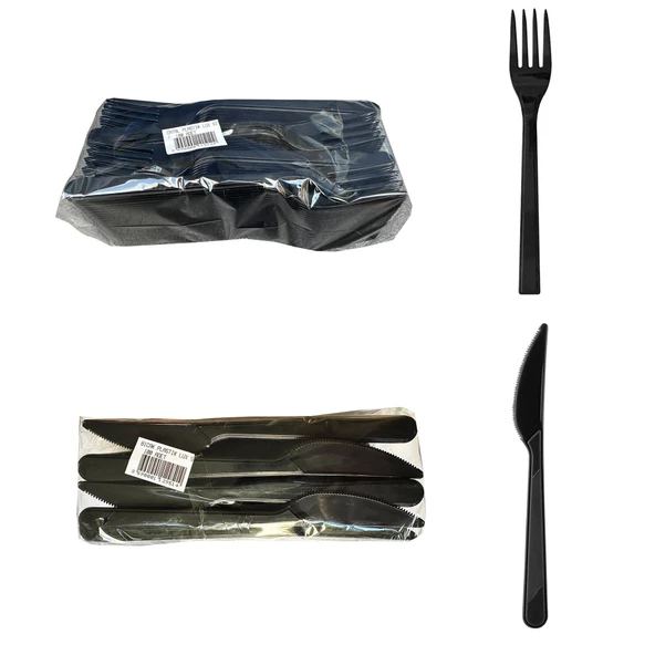 Plastik Siyah Çatal Bıçak Seti Takımı- 100 Ad. Çatal + 100 Adet Bıçak - 18 Cm. - Resim 2