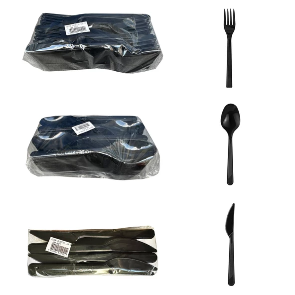 Plastik Siyah Çatal Kaşık Bıçak Seti Takımı- 100 Ad. Çatal + 100 Ad. Bıçak + 100 Ad. Kaşık - 18 Cm. - Resim 2