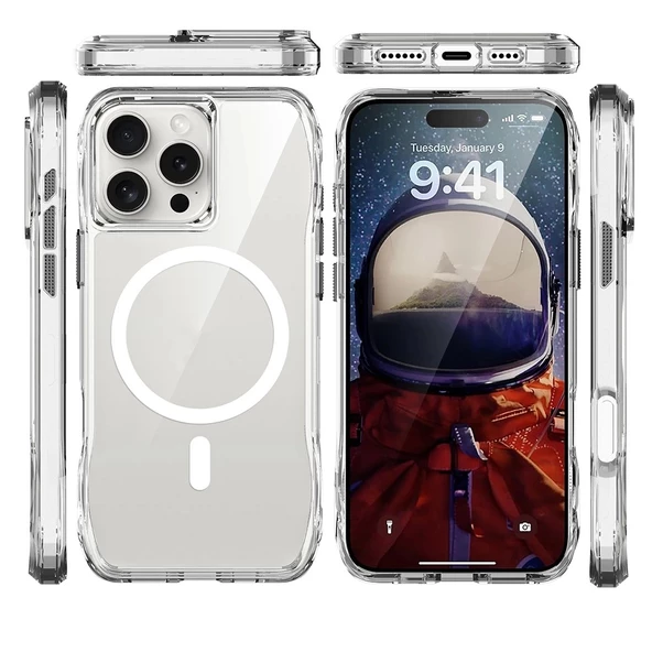 Apple iPhone 16 Pro Max Uyumlu Ergonomik Kavisli Tam Koruma  Magsafe Şarj Airbagli Şeffaf İncek Kapak