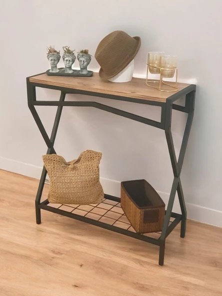 DEKORATİF METAL DRESUAR AHŞAP RAFLI STAND ÇOK AMAÇLI SALON VE HOL RAFI - 2