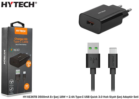Hytech 3500mA Ev Şarj 18W + 2.4A Type-C USB Quick 3.0 Hızlı Siyah Şarj Adaptör Seti