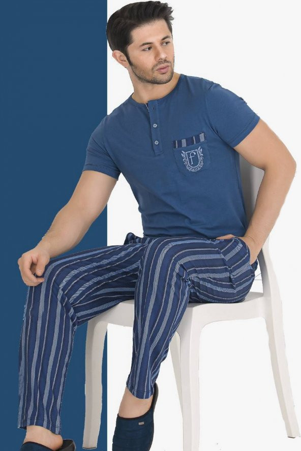 Teknur 30520 Modal Kumaş Koyu Mavi Renkli Kısa Kol Erkek Pijama Takımı