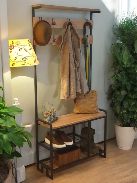 DEKORATİF METAL PORTMANTO AHŞAP RAFLI ELBİSE VE AYAKKABILIK DOLABI ÇOK AMAÇLI GARDIROP - 3