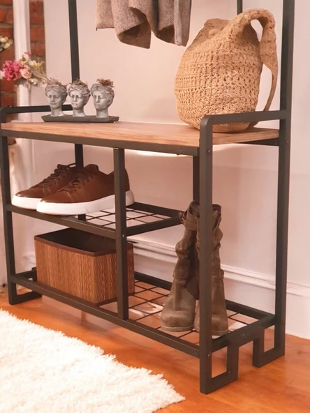 DEKORATİF METAL PORTMANTO AHŞAP RAFLI ELBİSE VE AYAKKABILIK DOLABI ÇOK AMAÇLI GARDIROP - 7