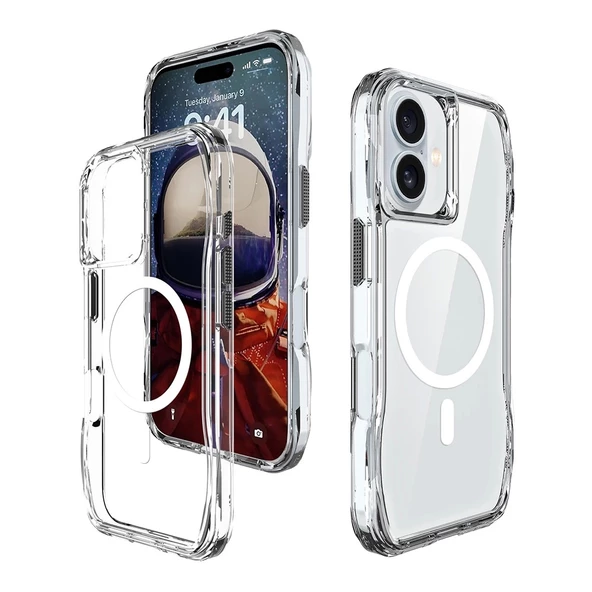 Apple iPhone 16 Uyumlu Ergonomik Kavisli Tam Koruma Magsafe Şarj Airbagli Şeffaf İncek Kapak - 4