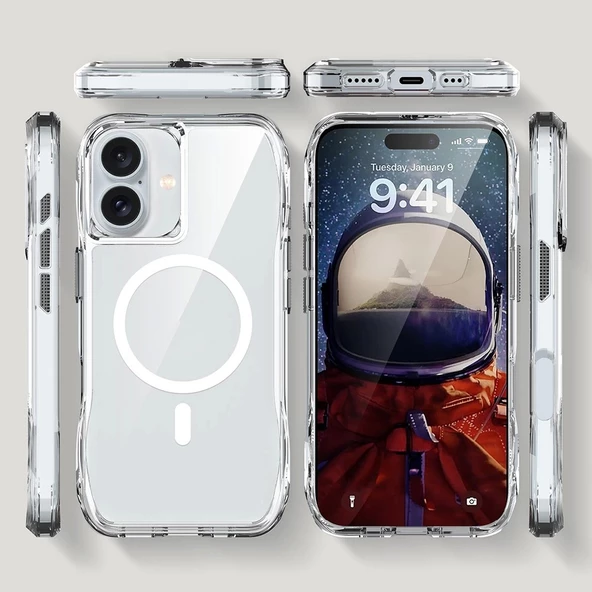 Apple iPhone 16 Uyumlu Ergonomik Kavisli Tam Koruma Magsafe Şarj Airbagli Şeffaf İncek Kapak - 5