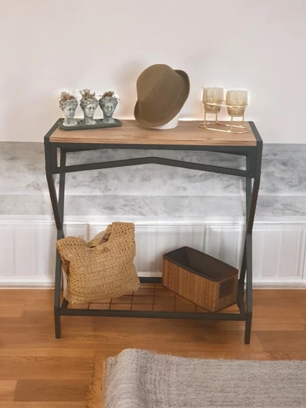 DEKORATİF METAL DRESUAR AHŞAP RAFLI STAND ÇOK AMAÇLI SALON VE HOL RAFI - 8