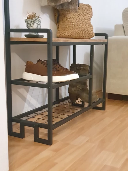 DEKORATİF METAL PORTMANTO AHŞAP RAFLI ELBİSE VE AYAKKABILIK DOLABI ÇOK AMAÇLI GARDIROP - 6