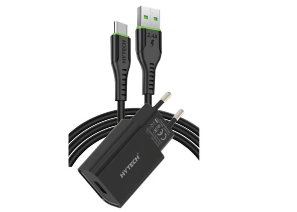 Hytech Type-C Kablolu 2100MA Ev Şarj 11W + 2.4A Siyah Şarj Adaptör Seti