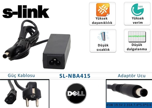 S-link 45W 19.5V 2.31A 7.4-5.0-0.6 Dell Notebook Adaptörü
