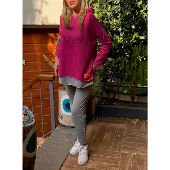 Lucky Life Kadın Pembe Kapşonlu Etek Ucu Detay Arma Ters Dikiş Gorunumlu Ikili Takım - 6