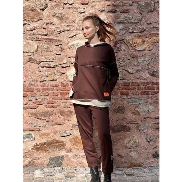 Lucky Life Kadın Kahve Kapşonlu Etek Ucu Detay Arma Ters Dikiş Gorunumlu Ikili Takım ürün görseli