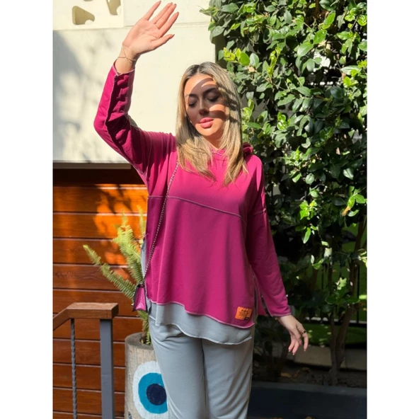 Lucky Life Kadın Pembe Kapşonlu Etek Ucu Detay Arma Ters Dikiş Gorunumlu Ikili Takım - 3