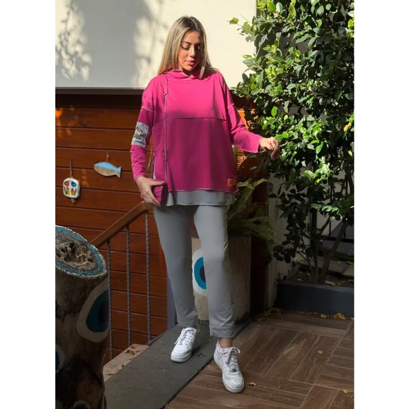 Lucky Life Kadın Pembe Kapşonlu Etek Ucu Detay Arma Ters Dikiş Gorunumlu Ikili Takım - 4