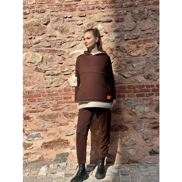 Lucky Life Kadın Kahve Kapşonlu Etek Ucu Detay Arma Ters Dikiş Gorunumlu Ikili Takım - Resim 2