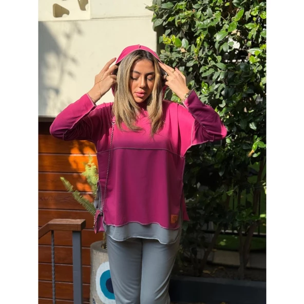 Lucky Life Kadın Pembe Kapşonlu Etek Ucu Detay Arma Ters Dikiş Gorunumlu Ikili Takım - 2