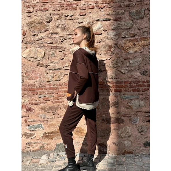 Lucky Life Kadın Kahve Kapşonlu Etek Ucu Detay Arma Ters Dikiş Gorunumlu Ikili Takım - Resim 4