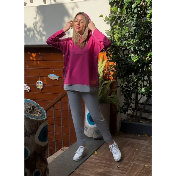 Lucky Life Kadın Pembe Kapşonlu Etek Ucu Detay Arma Ters Dikiş Gorunumlu Ikili Takım - 5