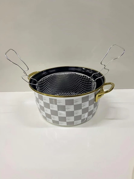 Emaye Kızartma Tenceresi 22 CM Gri Dama Desen - 2