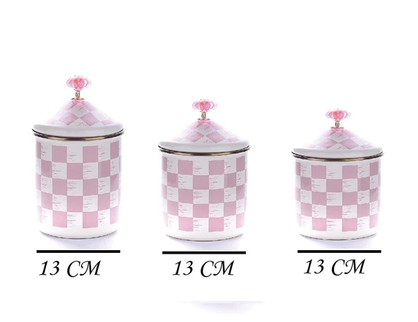 Pembe Dama Desen Emaye 3 Boy Kavanoz Takımı - 2