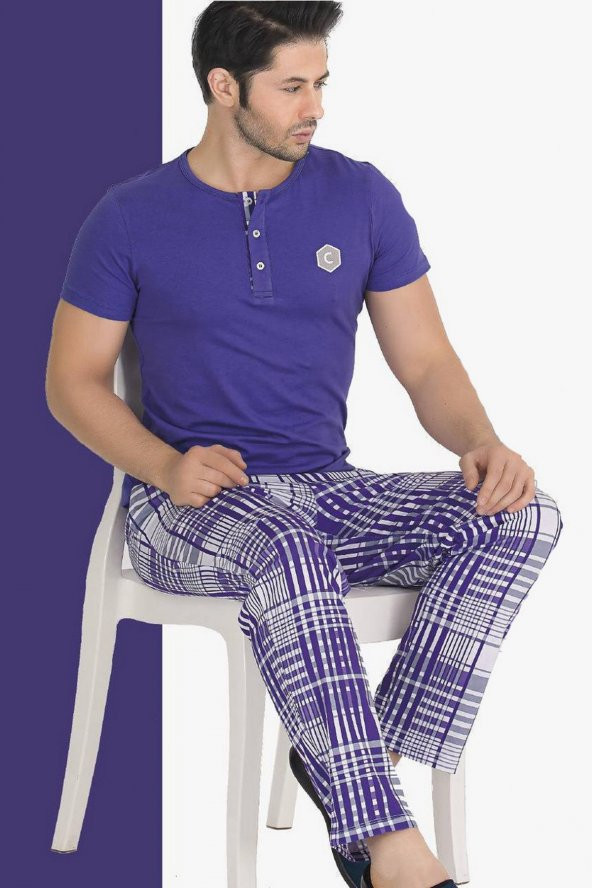 Teknur 30610 Modal Kumaş Mor Renkli Kısa Kol Erkek Pijama Takımı