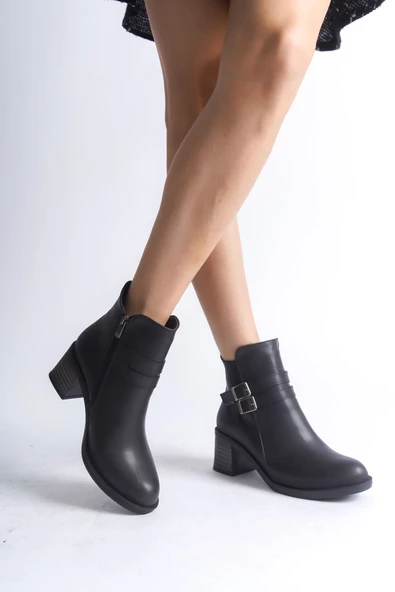 NOEMI Tokalı Fermuarlı Ortopedik Taban Suya ve Soğuğa Dayanıklı Topuklu Cilt Kadın Bot ST Siyah - 3
