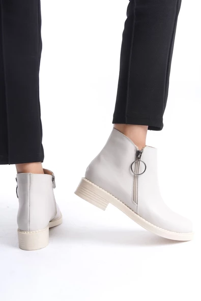 MARGARET Fermuarlı Ortopedik Taban Suya ve Soğuğa Dayanıklı Topuklu Cilt Kadın Bot KT Krem - Resim 3