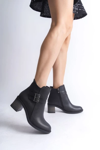 NOEMI Tokalı Fermuarlı Ortopedik Taban Suya ve Soğuğa Dayanıklı Topuklu Cilt Kadın Bot ST Siyah - 2
