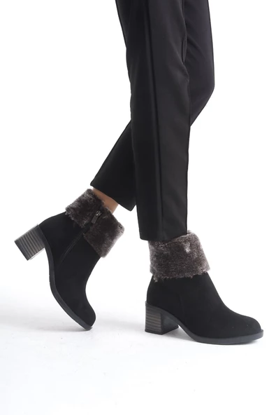 KATYA Fermuarlı Ortopedik Taban Topuklu Kürk Detaylı Süet Kadın Bot ST Siyah - 3
