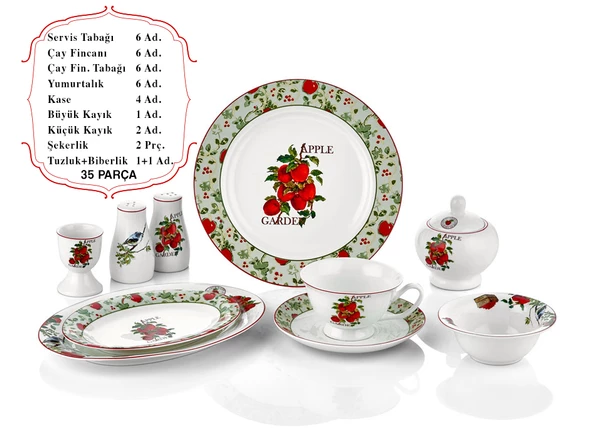 Porselen 6 Kişilik 35 Parça Kahvaltı Takımı Apple Garden - 2