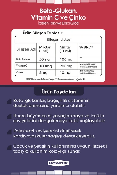 Nowdix  Beta Glukan Vitamin C Çinko Şurup 150 ml - 2