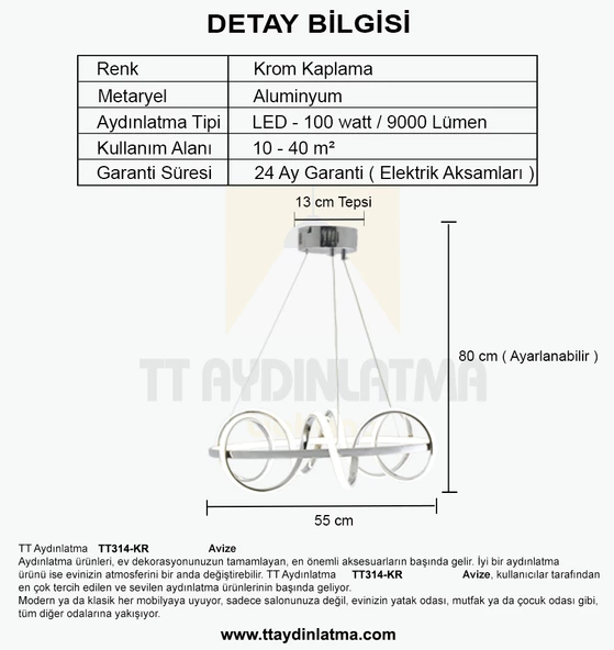 TT Aydınlatma TT314-KR  Büyük Sarmal Modeli Krom Kaplama Led Avize - Resim 4