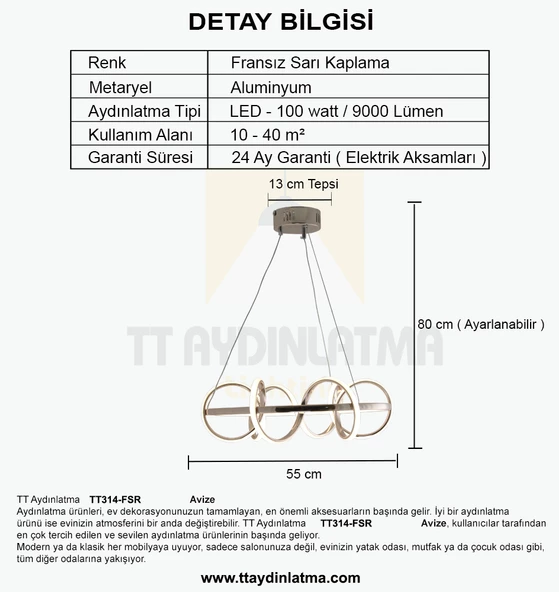 TT Aydınlatma TT314-FSR  Büyük Sarmal Modeli Fransız Sarı Kaplama Led Avize - Resim 4