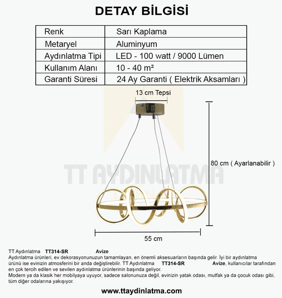 TT Aydınlatma TT314-SR  Büyük Sarmal Modeli Sarı Kaplama Led Avize - Resim 4