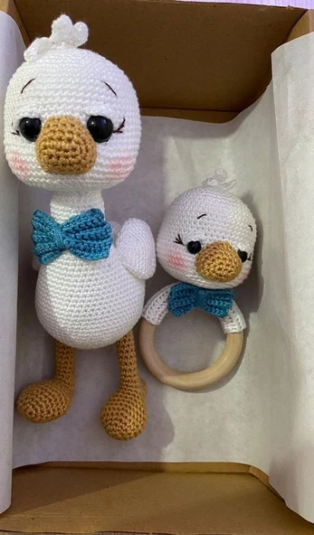 Bay Ördek ve Çıngırak Takımı Amigurumi Organik Oyuncak Hediye Seti - 1
