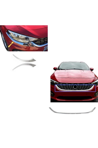 Fiat Egea Krom Far Kaşı 2 Parça + Ön Panjur Alt Çıtası Krom 2015-2019 Paslanmaz Çelik - 1