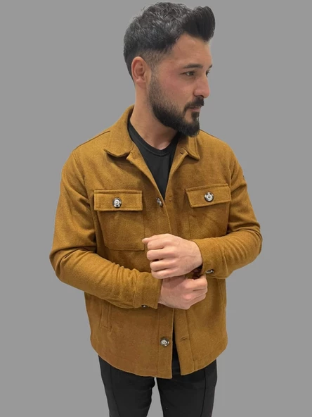 Erkek Cep Detaylı Kışlık Taba Kaşe Gömlek - 3