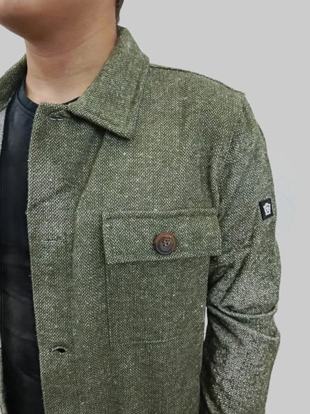 Erkek Cep Detaylı Kışlık Haki Kaşe Gömlek - 12
