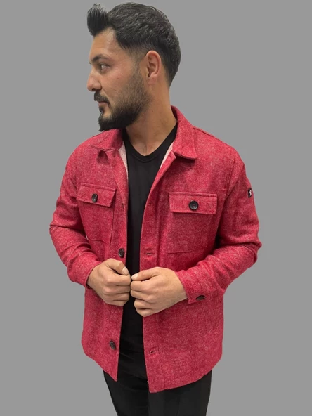 Erkek Cep Detaylı Kışlık Kırmızı Kaşe Gömlek - 4