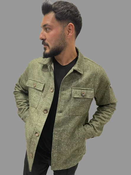 Erkek Cep Detaylı Kışlık Haki Kaşe Gömlek - 4