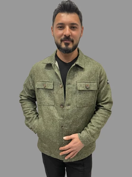 Erkek Cep Detaylı Kışlık Haki Kaşe Gömlek - 3